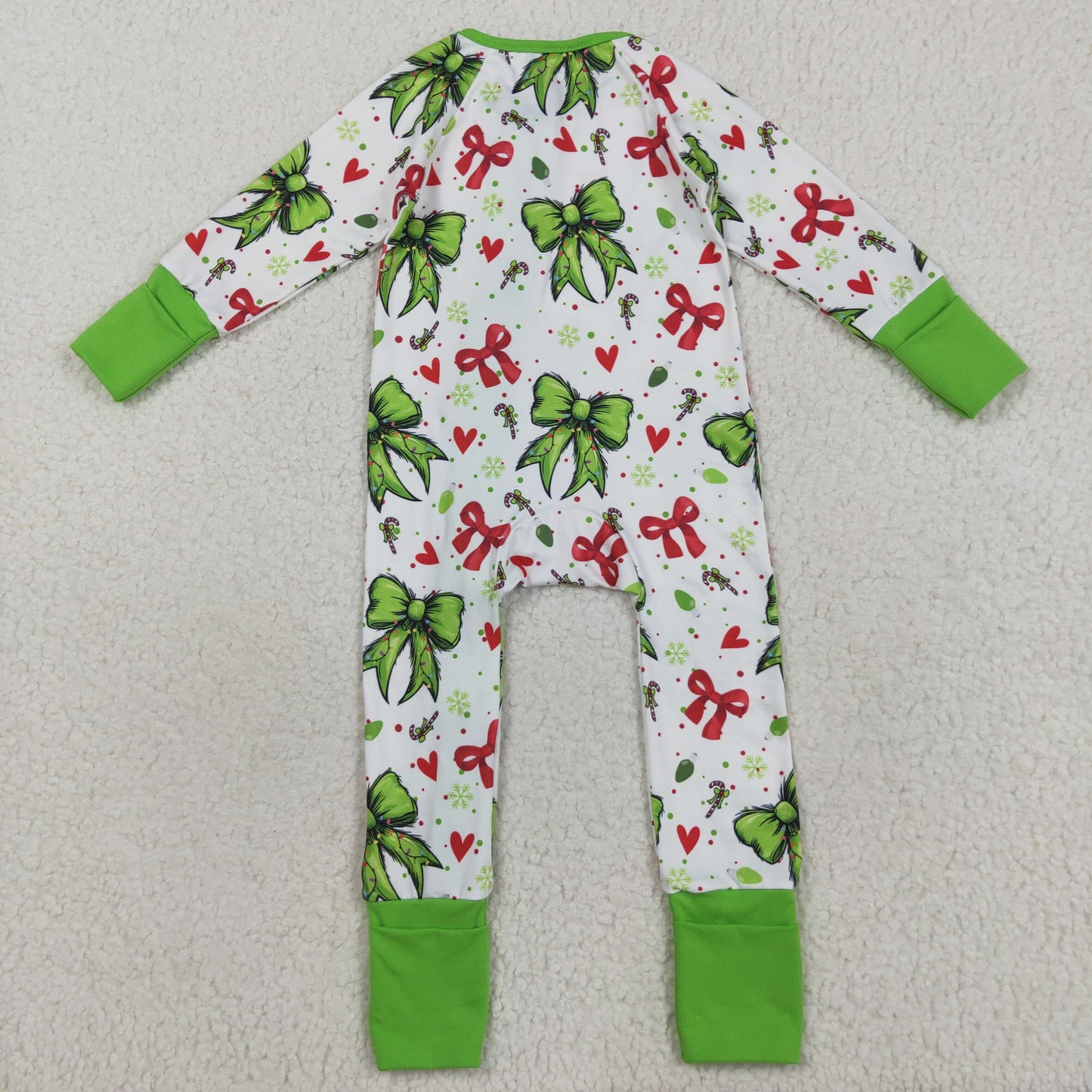 LR2482 Baby Girls Green Red Bows Candy Cane Christmas Ruffle Zipper Footed Rompers