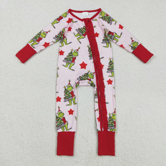 LR2496 Baby Girls Red Stars Trees Grin Christmas Ruffle Zipper Footed Rompers