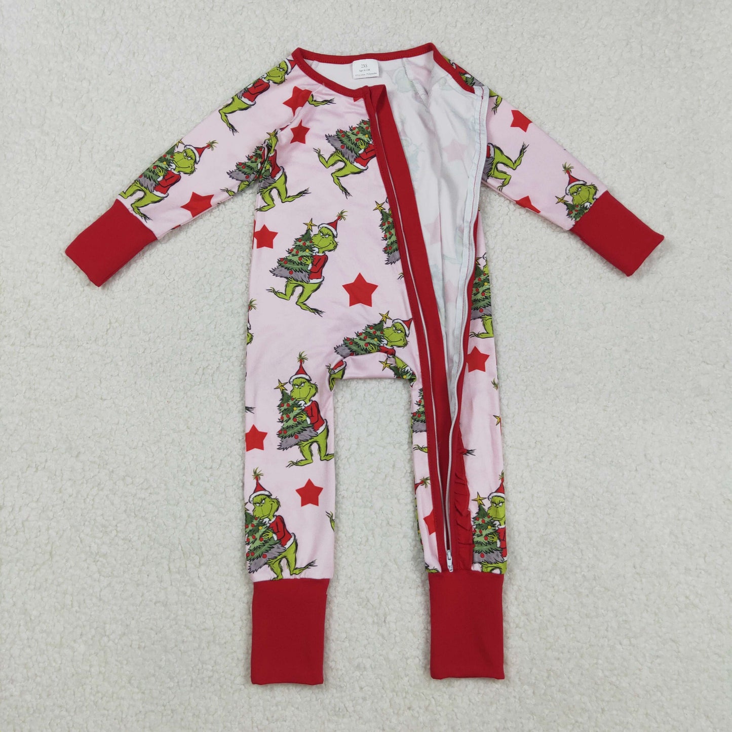LR2496 Baby Girls Red Stars Trees Grin Christmas Ruffle Zipper Footed Rompers