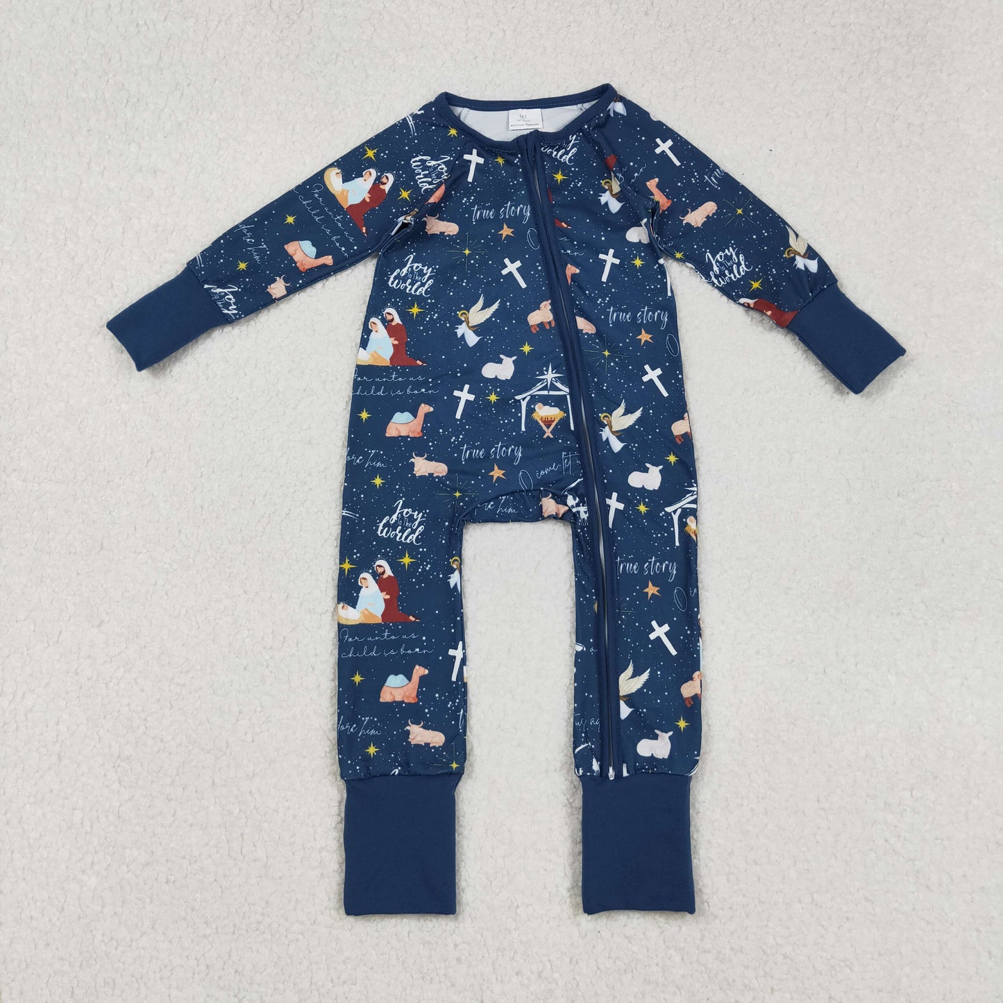 LR2504 Baby Boys Navy Nativity Crosses Christmas Zipper Footed Rompers