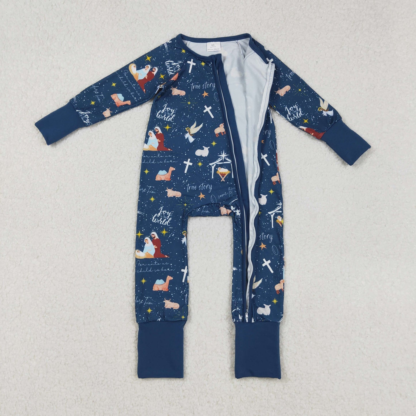 LR2504 Baby Boys Navy Nativity Crosses Christmas Zipper Footed Rompers