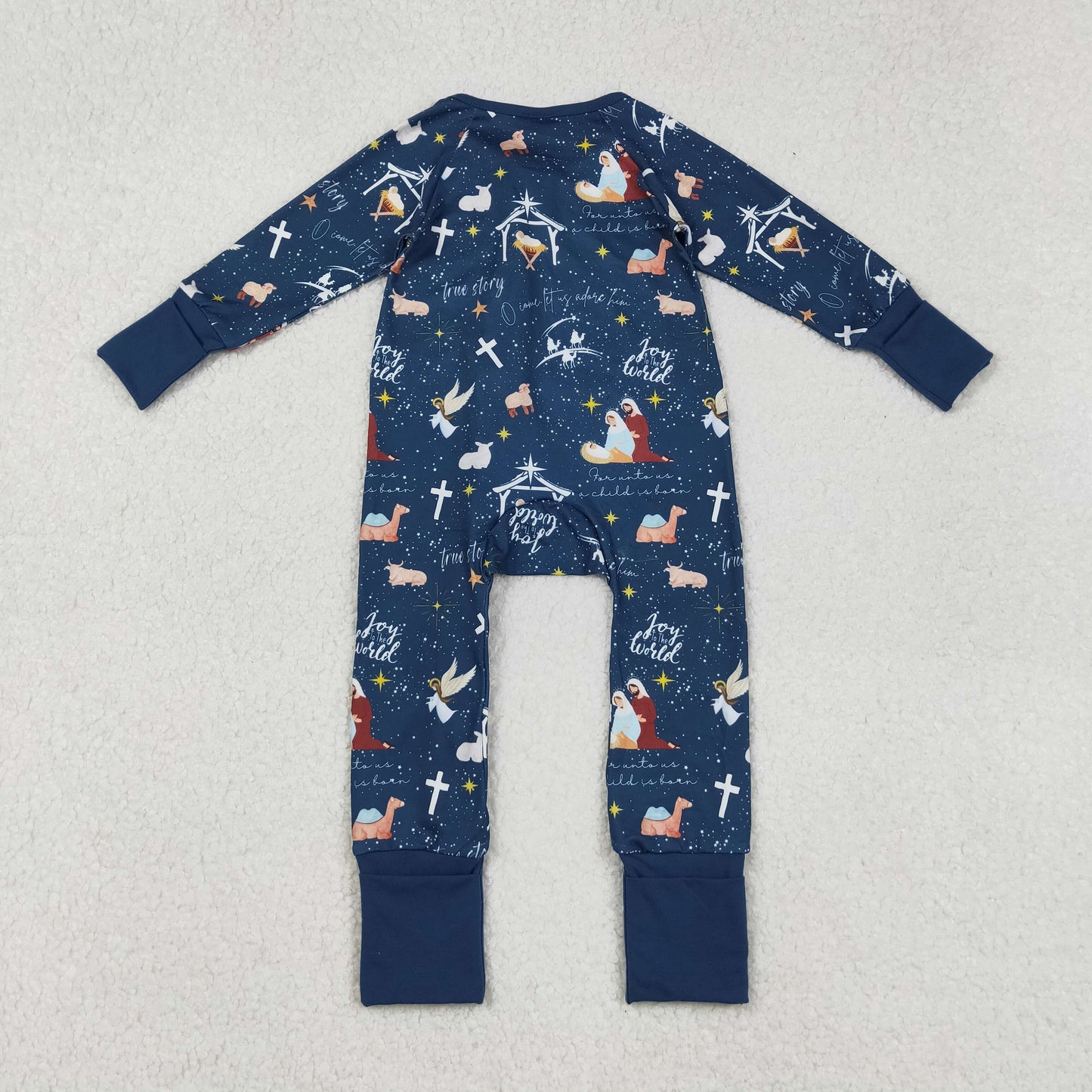 LR2504 Baby Boys Navy Nativity Crosses Christmas Zipper Footed Rompers