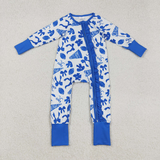 LR2511 Baby Girls Blue Bows Footballs Go Team Ruffle Zipper Footed Rompers