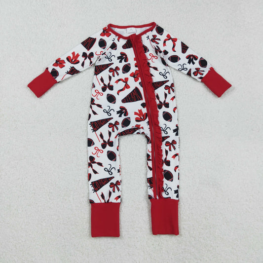 LR2512 Baby Girls Red Black Bows Footballs Go Team Ruffle Zipper Footed Rompers