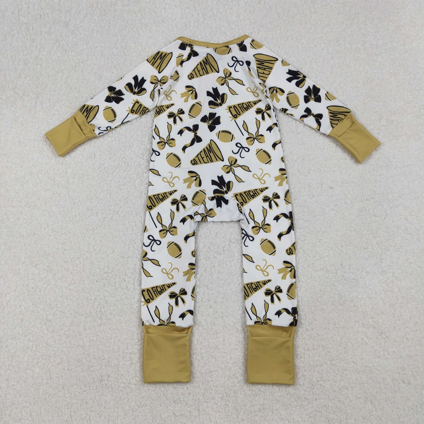 LR2515 Baby Girls Gold Black Bows Footballs Go Team Ruffle Zipper Footed Rompers