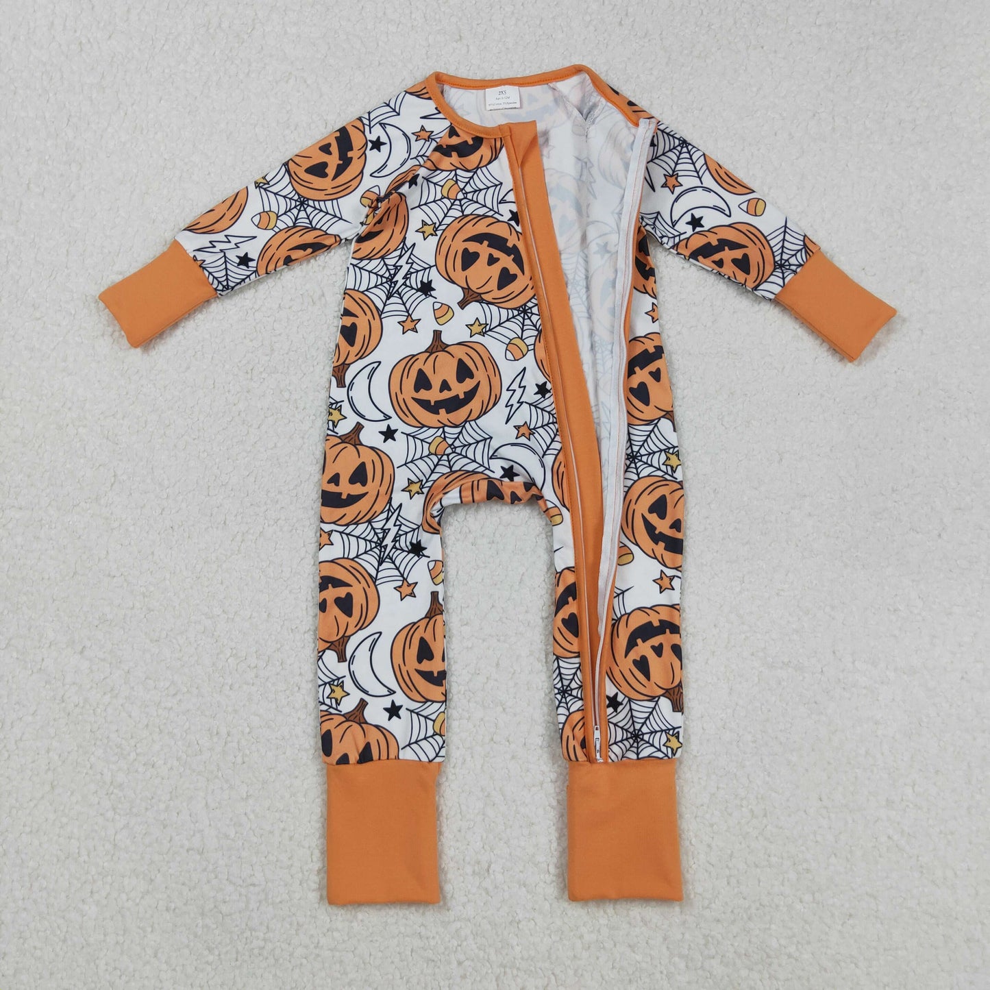 LR2528 Baby Boys Ghost Pumpkins Spider Web Halloween Zipper Footed Rompers