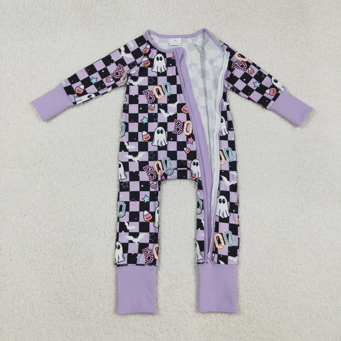 LR2541 Baby Boys Purple Black Checked Ghosts Boo Halloween Zipper Footed Rompers