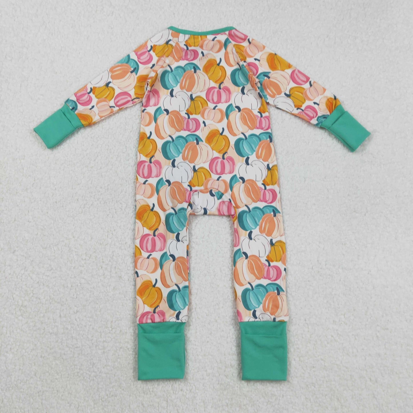 LR2552 Baby Boys Pink Green Pumpkins Plaid Fall Zipper Footed Rompers