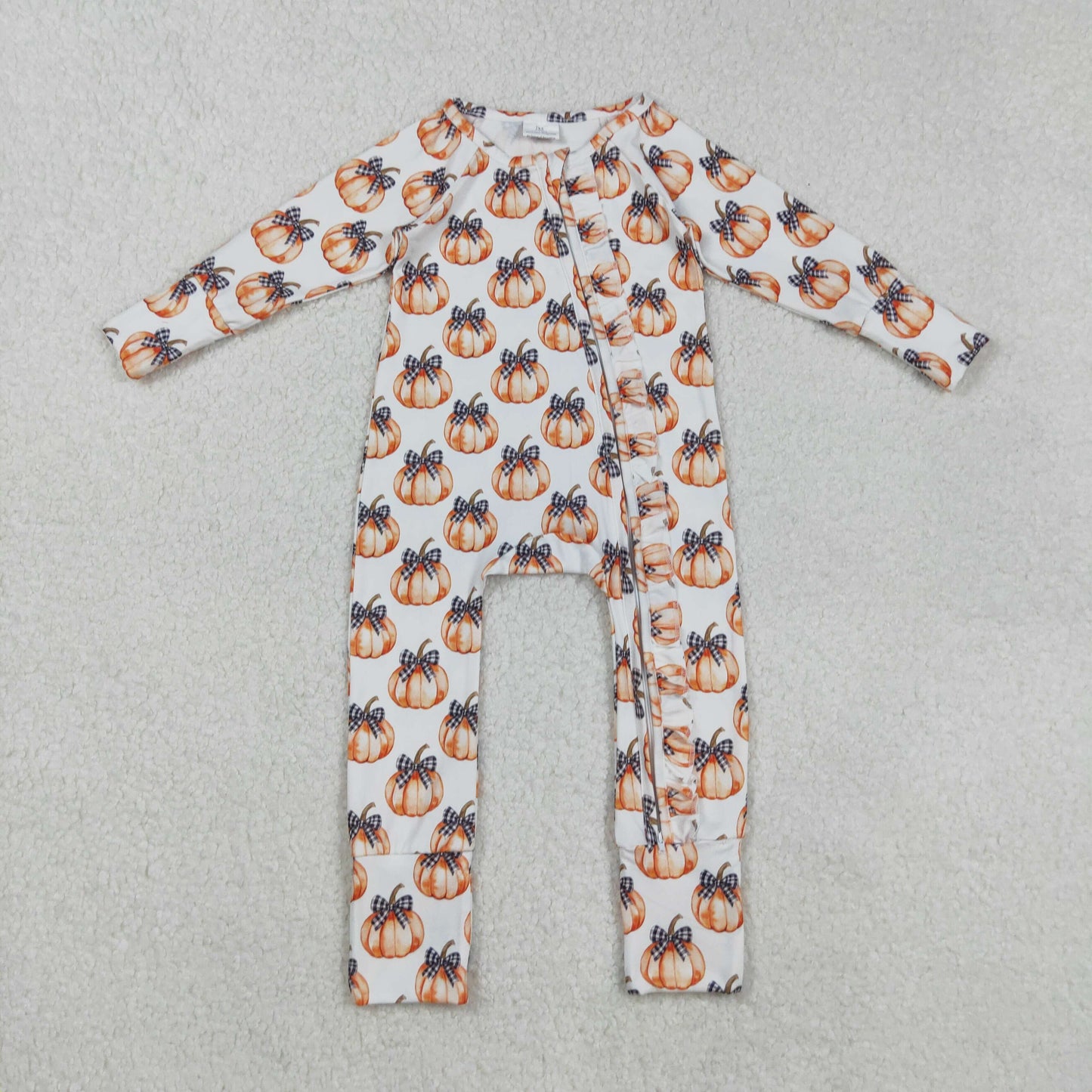 LR2557 Baby Girls Bows Pumpkins Plaid Fall Zipper Footed Rompers