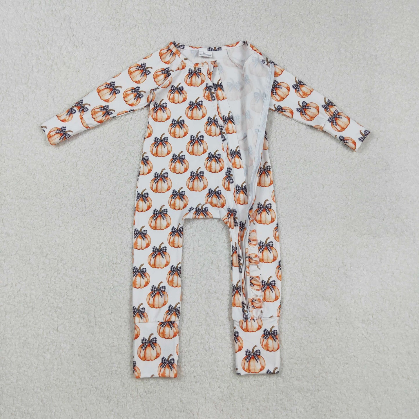 LR2557 Baby Girls Bows Pumpkins Plaid Fall Zipper Footed Rompers