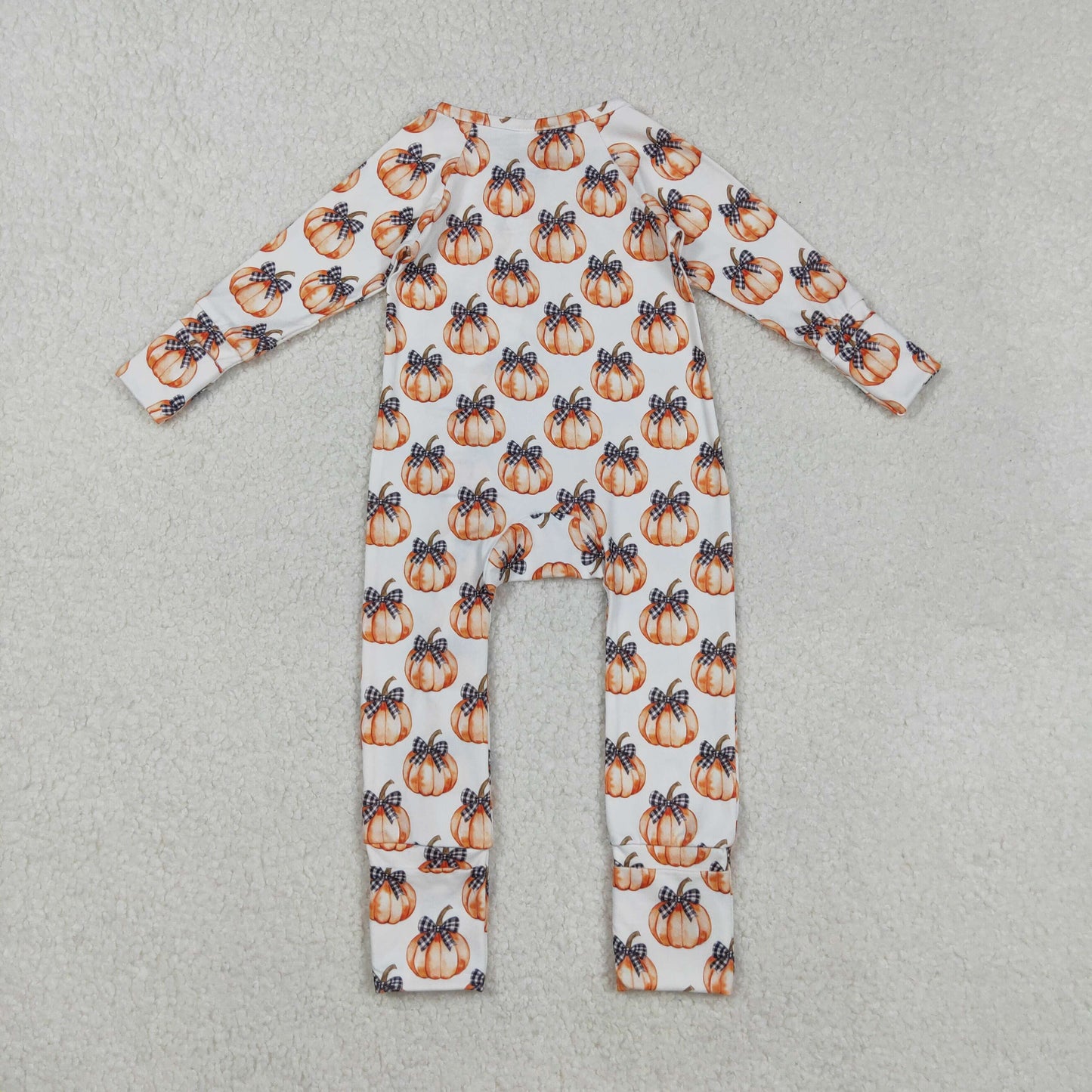 LR2557 Baby Girls Bows Pumpkins Plaid Fall Zipper Footed Rompers