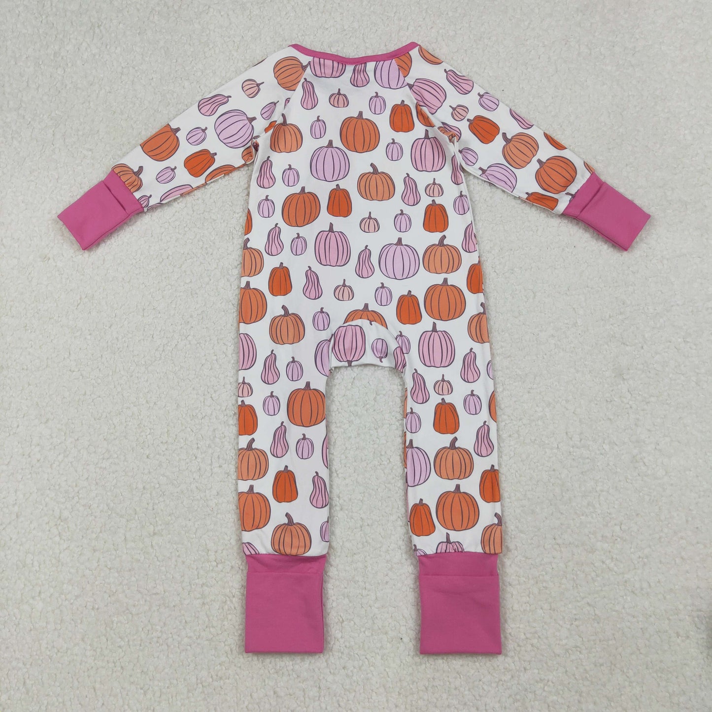 LR2566 Baby Girls Pink Pumpkins Plaid Fall Ruffle Zipper Footed Rompers