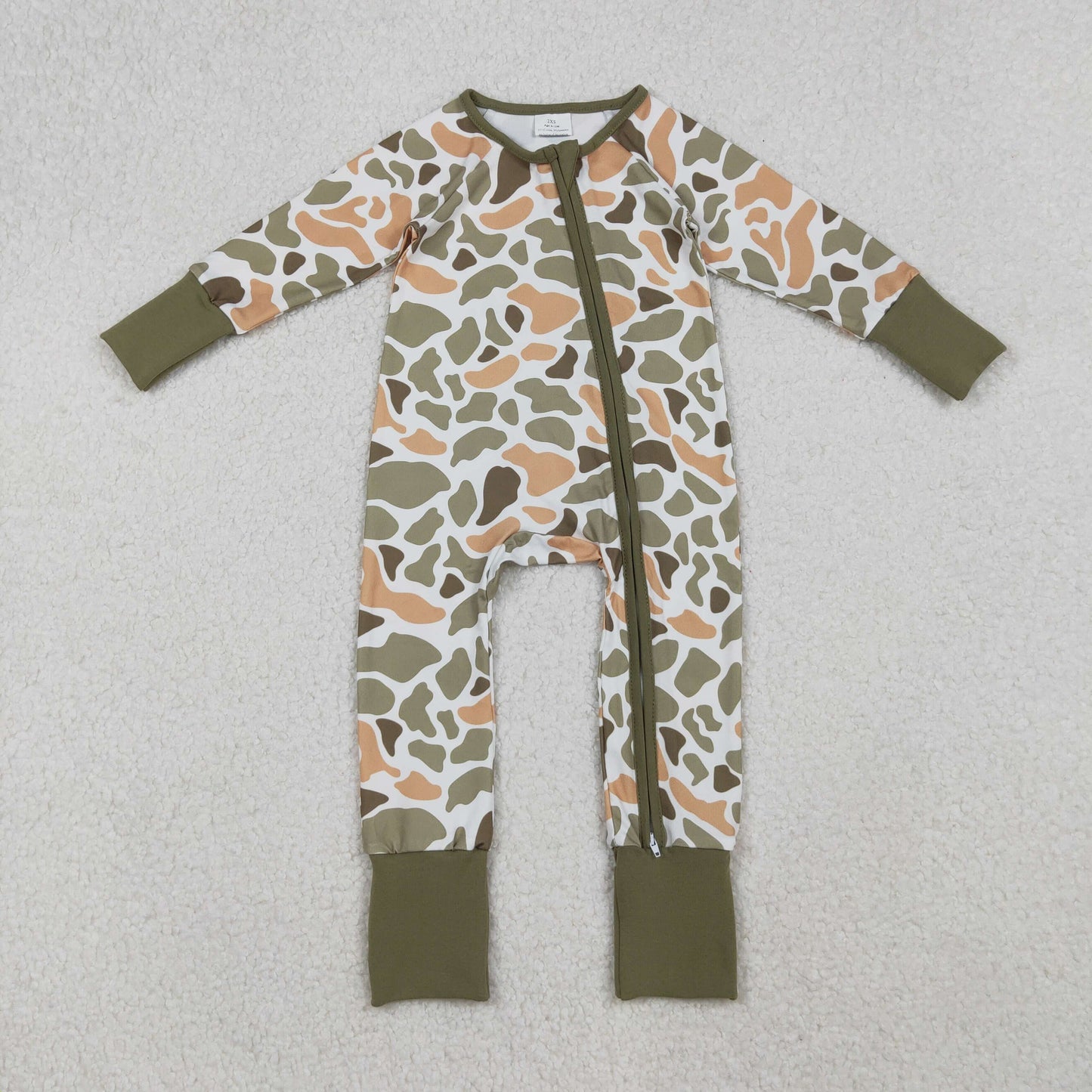 LR2578 Baby Boys Green Orange Camo Southern Zipper Footed Rompers