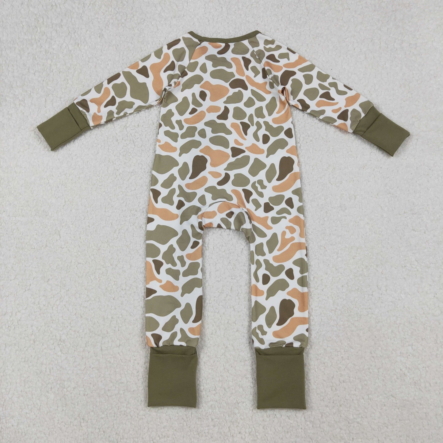 LR2578 Baby Boys Green Orange Camo Southern Zipper Footed Rompers