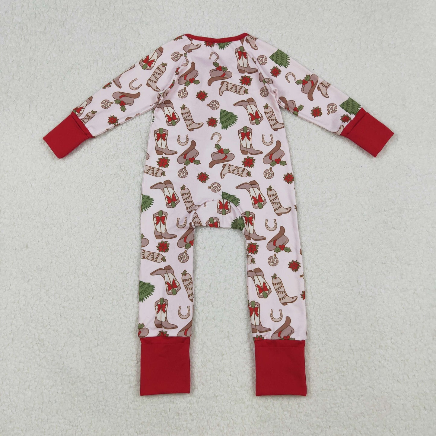 LR2584 Baby Girls Boots Hats Holly Christmas Western Zipper Footed Rompers
