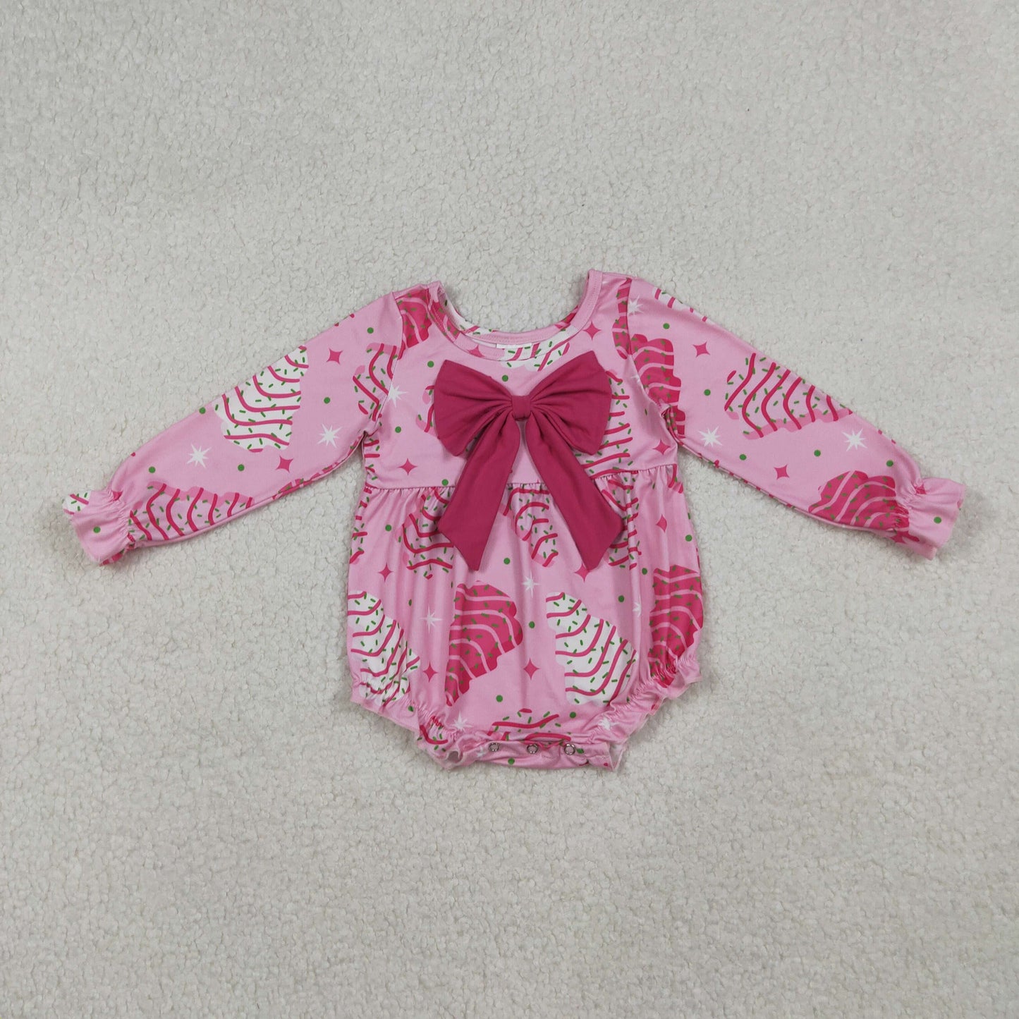LR2586 Baby Girls Pink Stripe Trees Bows Top Christmas Ruffle Rompers