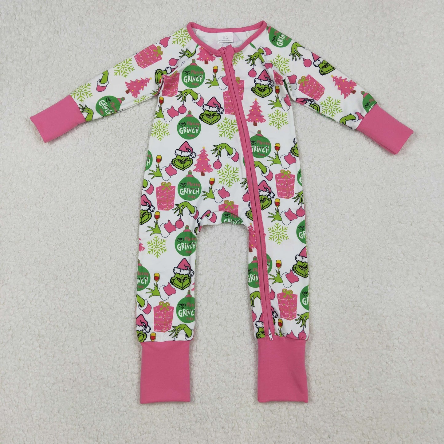 LR2588 Baby Girls Pink Gifts Grin Christmas Zipper Footed Rompers