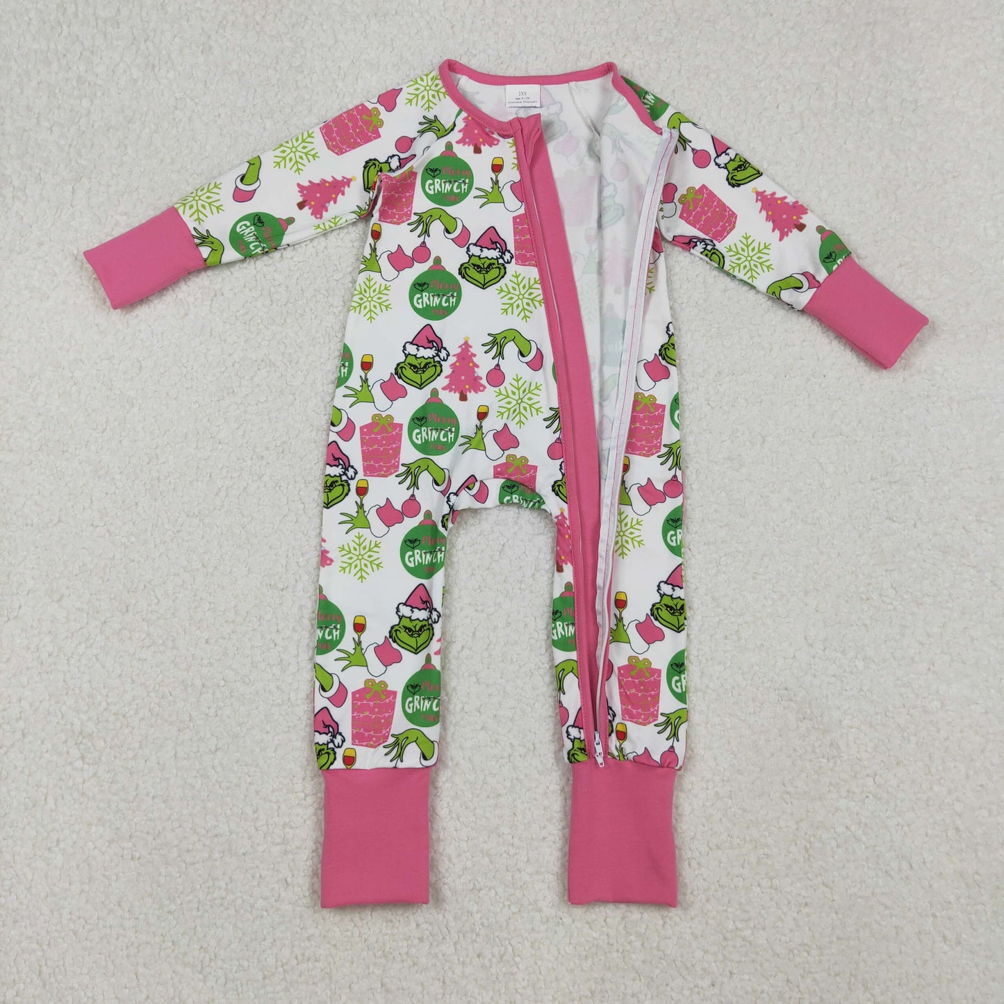 LR2588 Baby Girls Pink Gifts Grin Christmas Zipper Footed Rompers