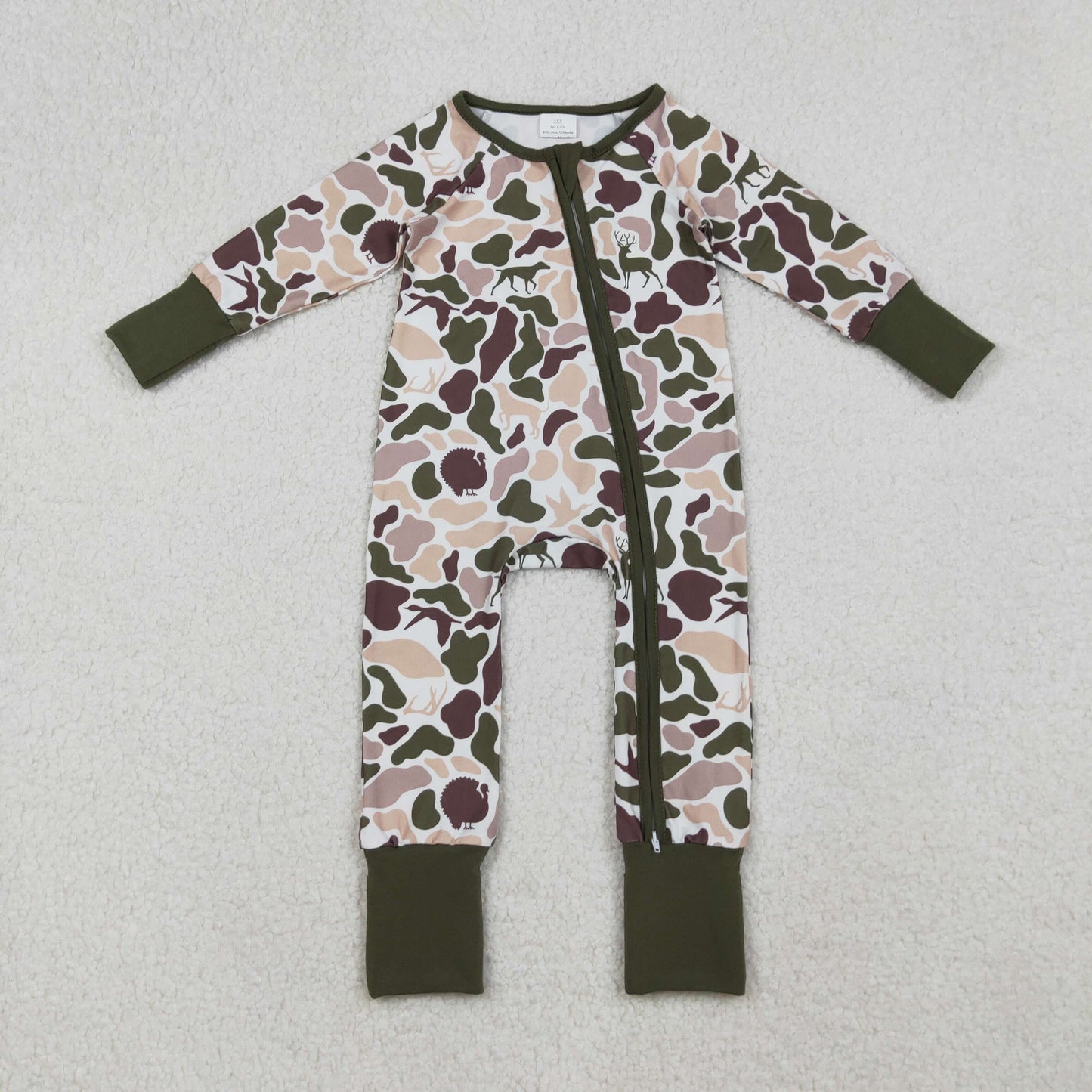 LR2590 Baby Boys Brown Olive Camo Hunting Zipper Footed Rompers