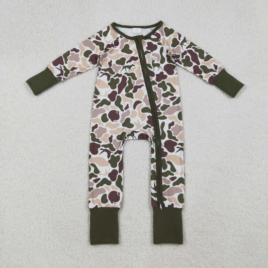 LR2590 Baby Boys Brown Olive Camo Hunting Zipper Footed Rompers