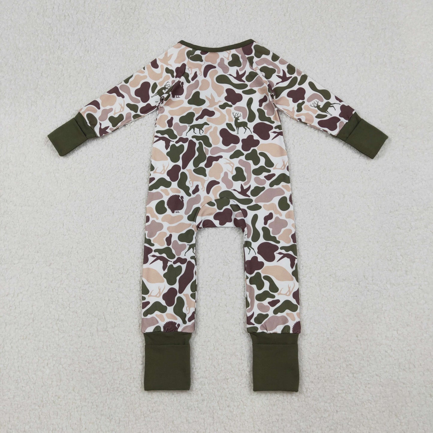 LR2590 Baby Boys Brown Olive Camo Hunting Zipper Footed Rompers