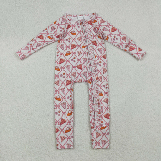 LR2594 Baby Girls Pink Bows Pie Flowers Checked Thanksgiving Ruffle Zipper Footed Rompers