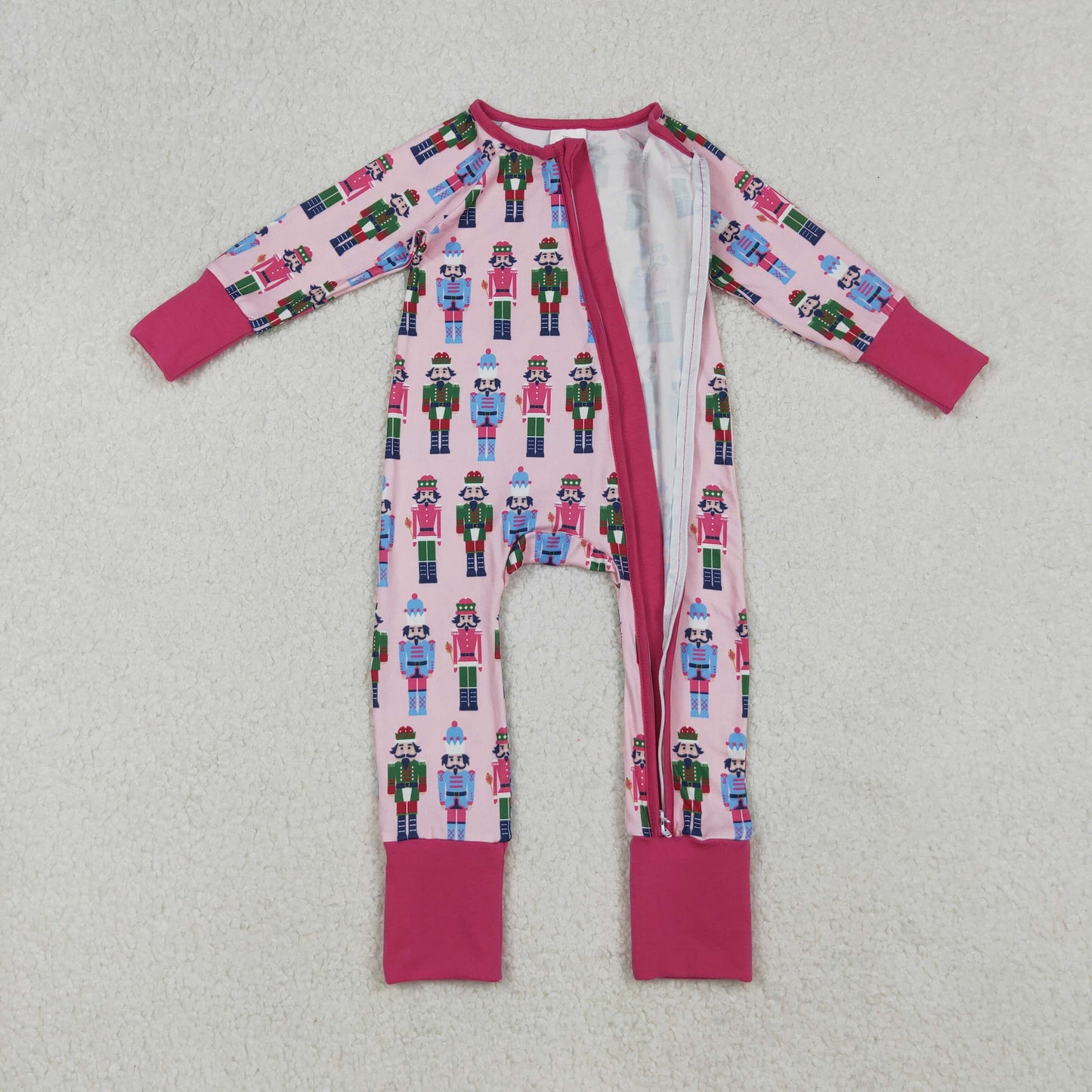LR2598 Baby Girls Pink Soldiers Plaid Christmas Zipper Footed Rompers