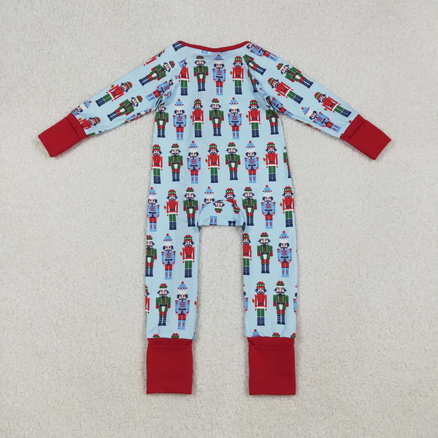 LR2599 Baby Boys Blue Soldiers Plaid Christmas Zipper Footed Rompers