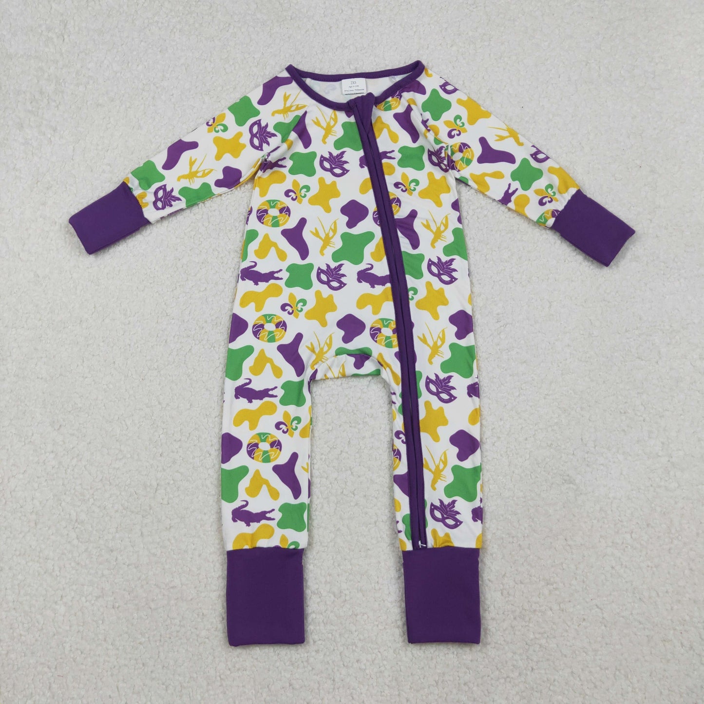 LR2637 Baby Boys Mardigras Camo Crayfishes Donuts Zipper Footed Rompers