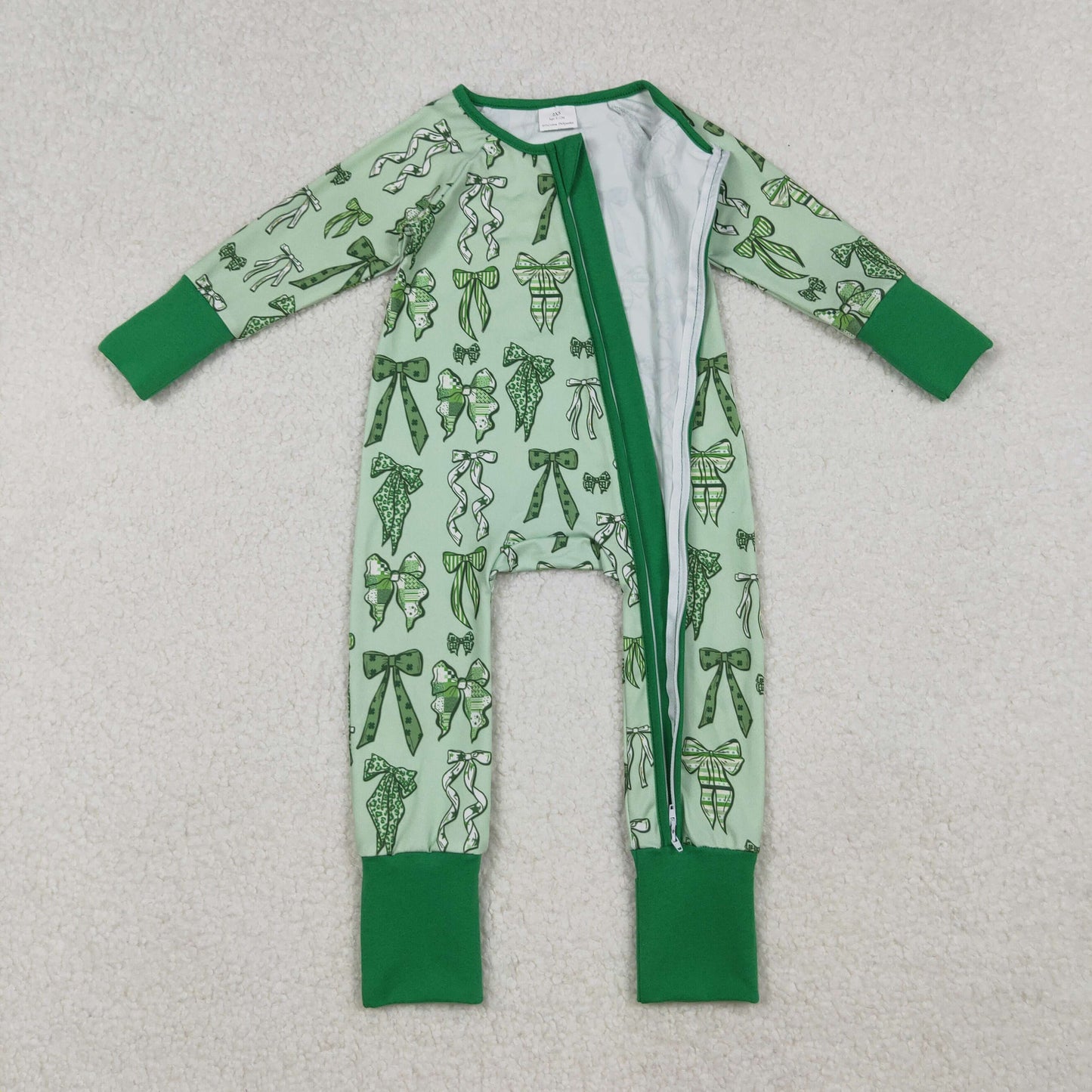 LR2654 Baby Girls Green Clovers Bows Plaid St Patrick Zipper Footed Rompers