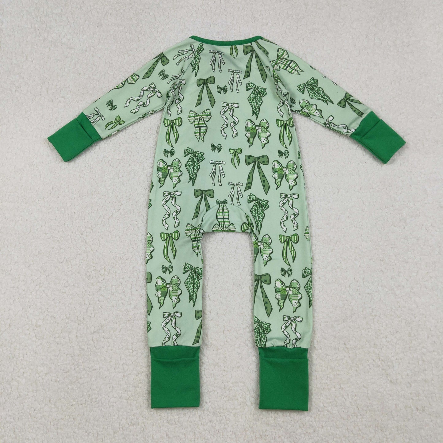 LR2654 Baby Girls Green Clovers Bows Plaid St Patrick Zipper Footed Rompers
