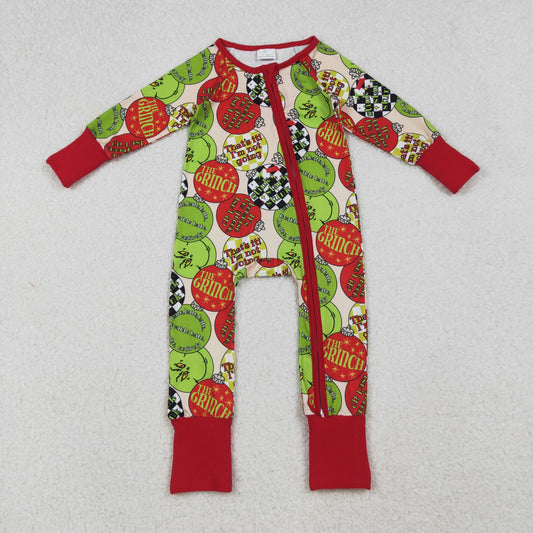 LR2658 Baby Boys Red Green Grin Disco Plaid Christmas Zipper Footed Rompers