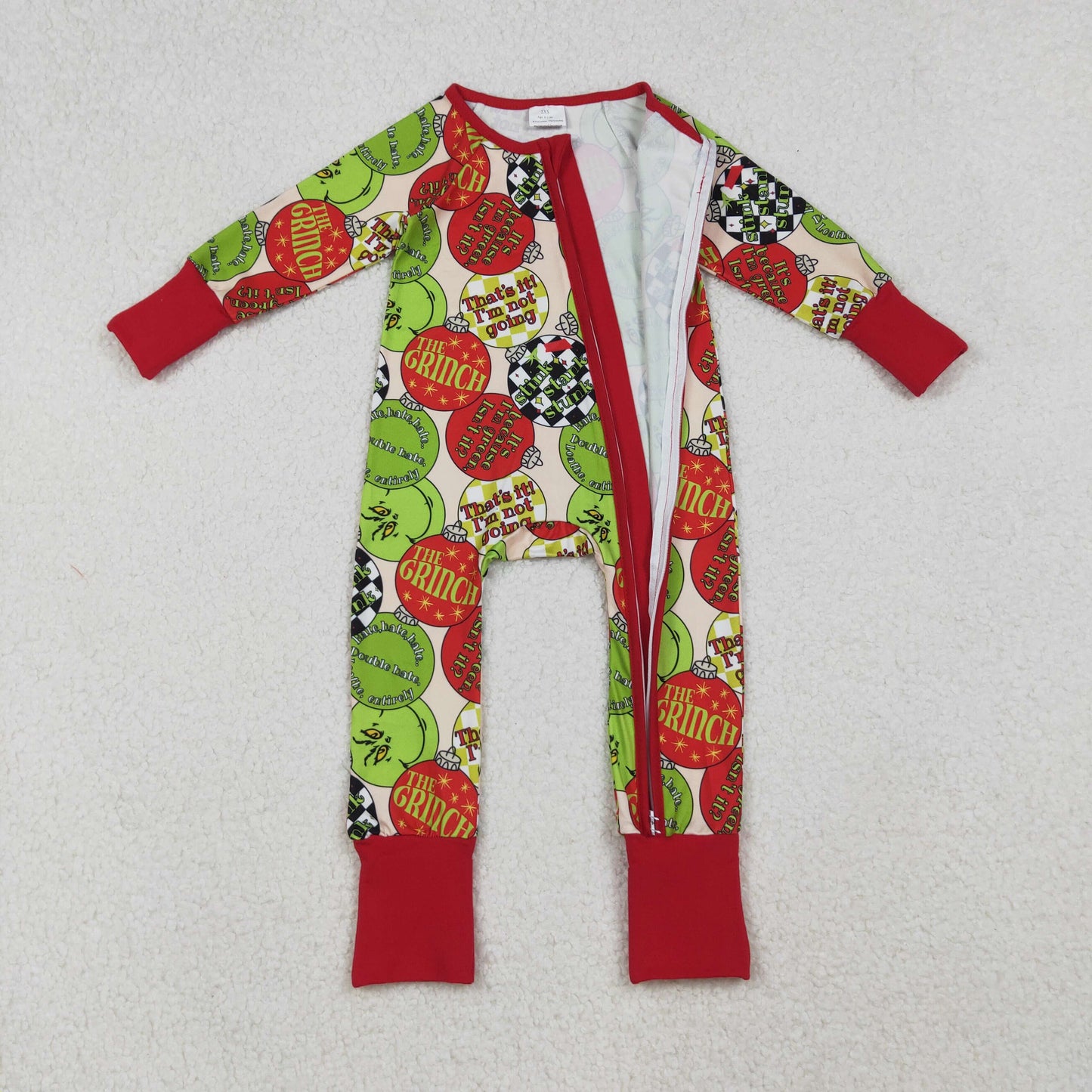 LR2658 Baby Boys Red Green Grin Disco Plaid Christmas Zipper Footed Rompers