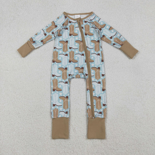 LR2734 Baby Boys Blue Boots Stars Plaid Western Two Way Zip Convertible Rompers