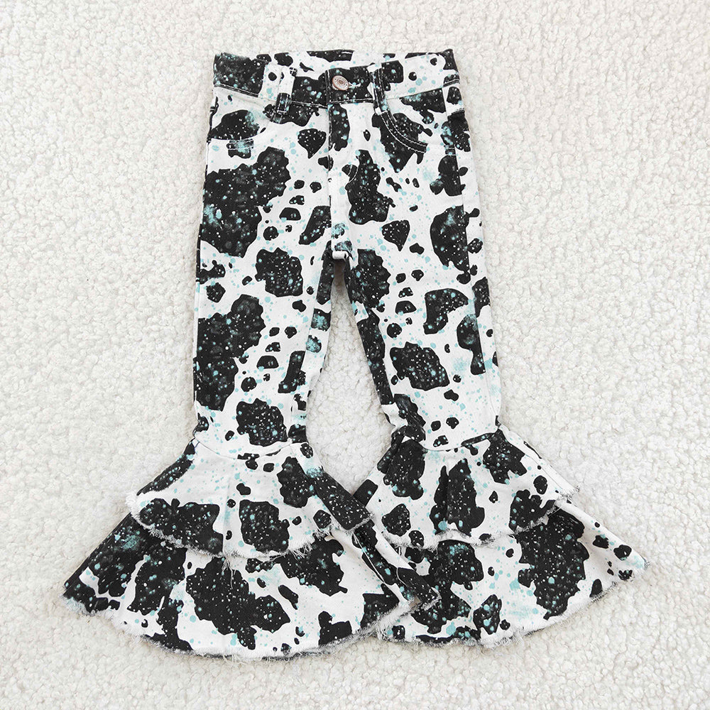 Western Black White Cow Print Double Ruffle Pants Jeans P0031