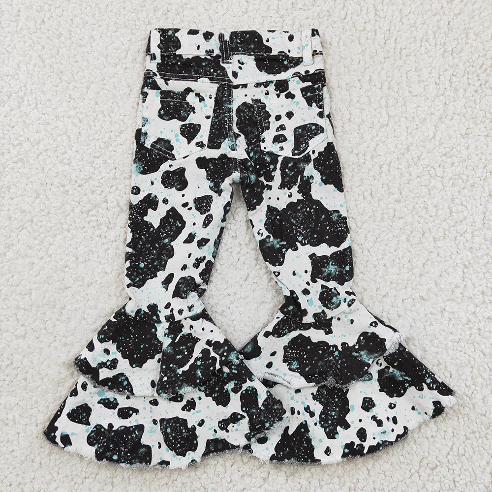 Western Black White Cow Print Double Ruffle Pants Jeans P0031