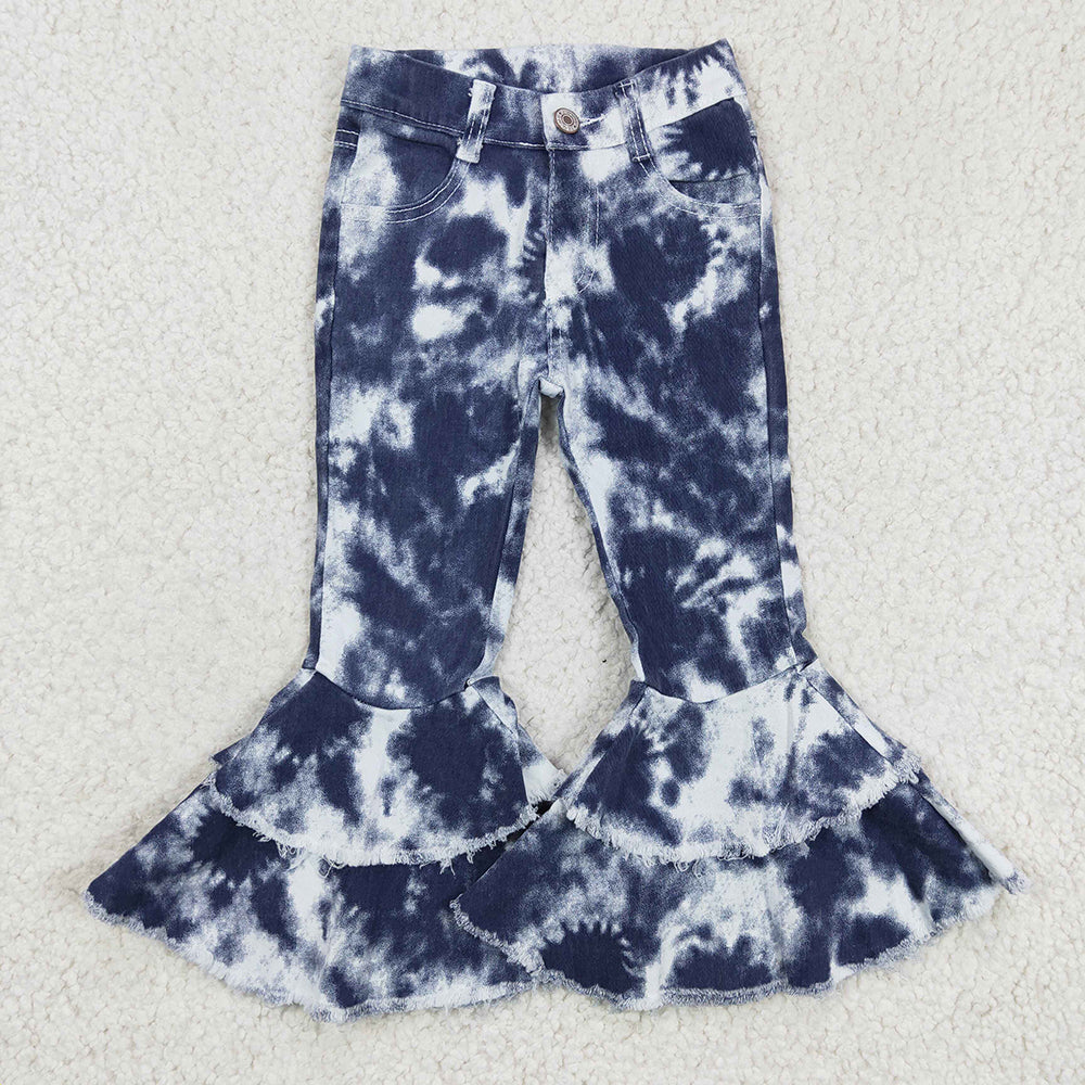 Western Blue Tie Dye Denim Double Ruffle Pants Jeans P0035