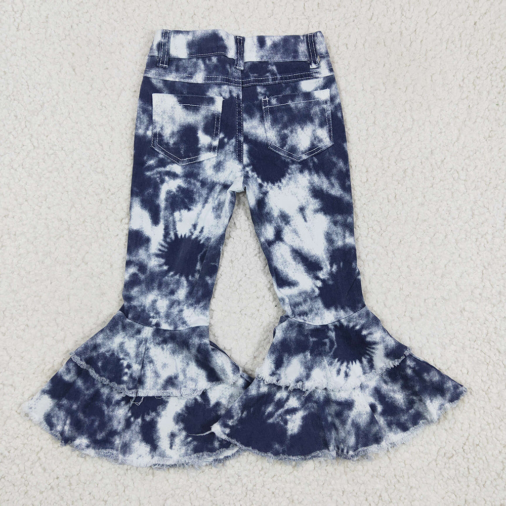 Western Blue Tie Dye Denim Double Ruffle Pants Jeans P0035