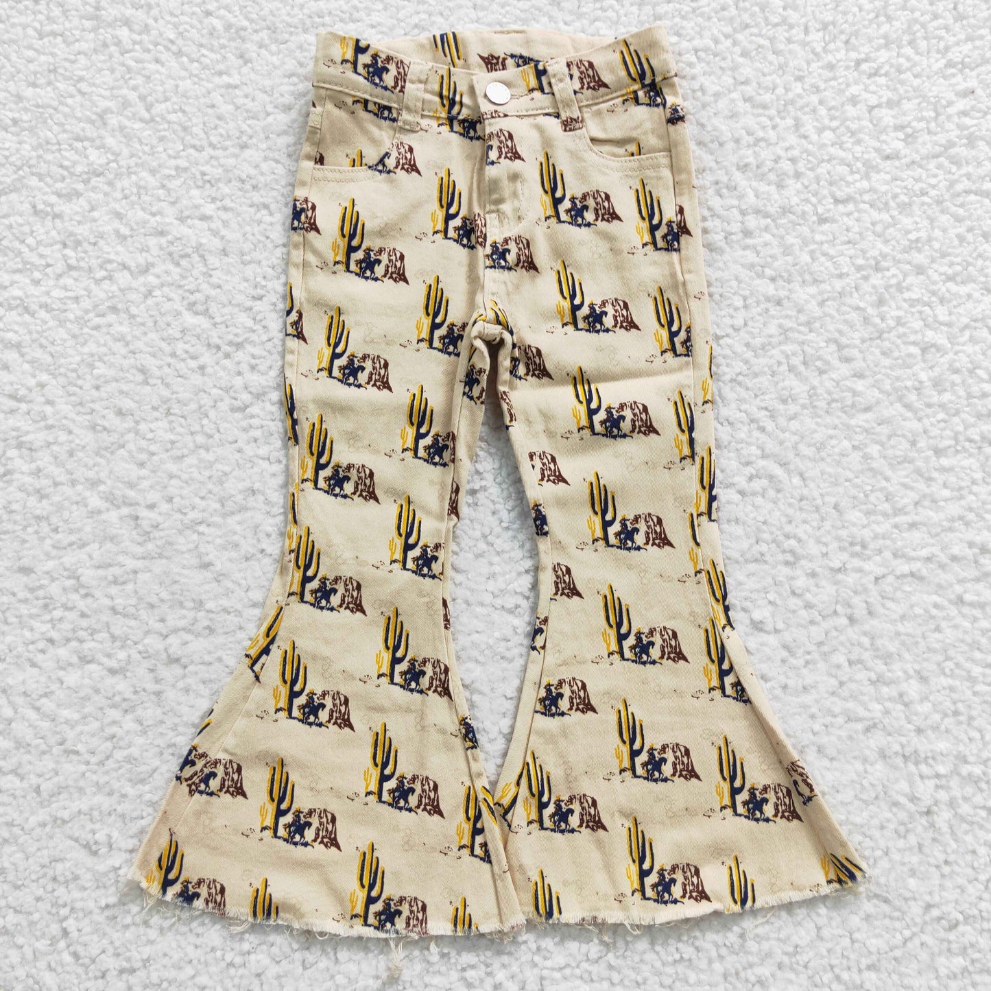 Western girl yellow horserider cactus print bell bottom jeans