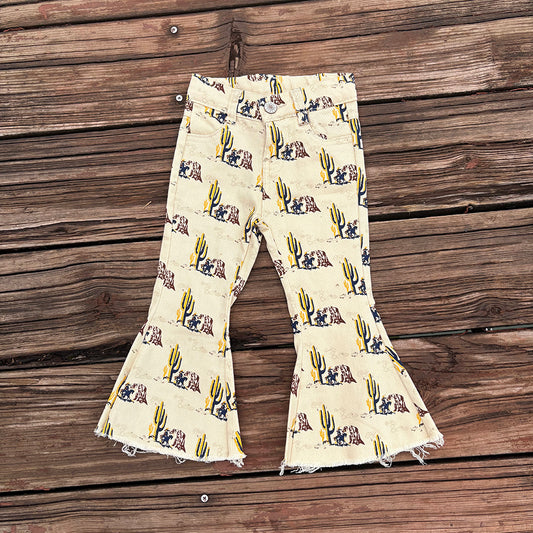 Western girl yellow horserider cactus print bell bottom jeans
