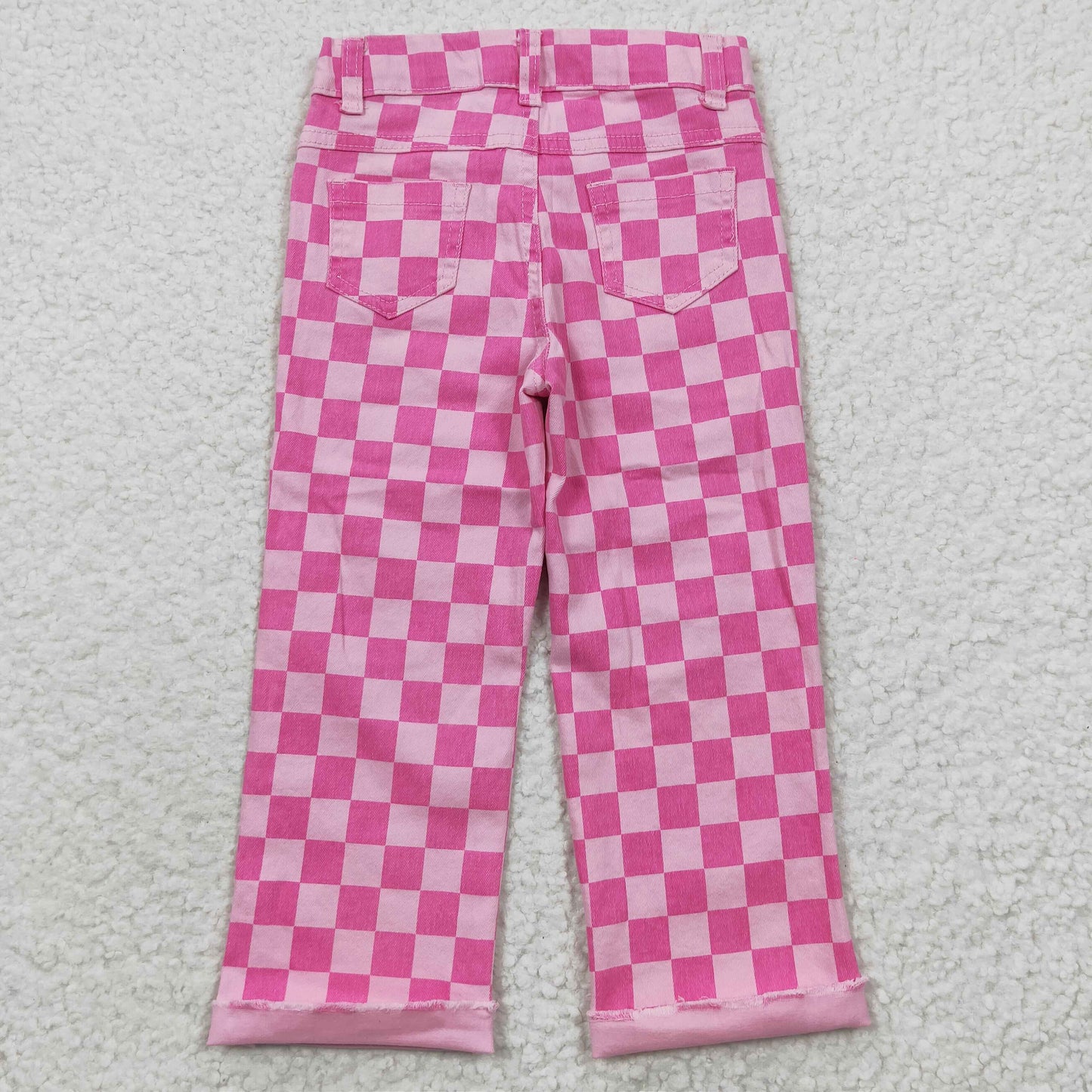 girls pink plaid denim jeans P0096