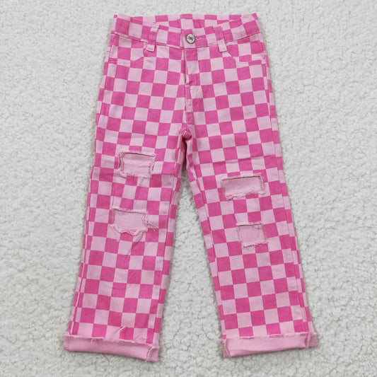 girls pink plaid denim jeans P0096
