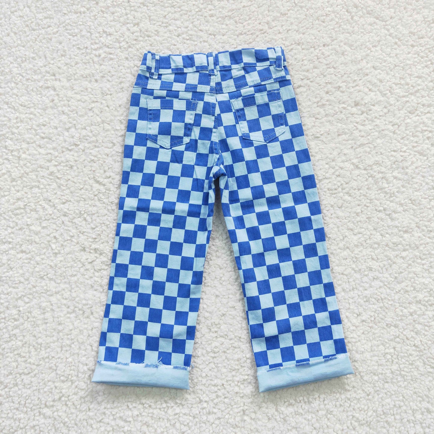 girls blue plaid denim jeans P0097
