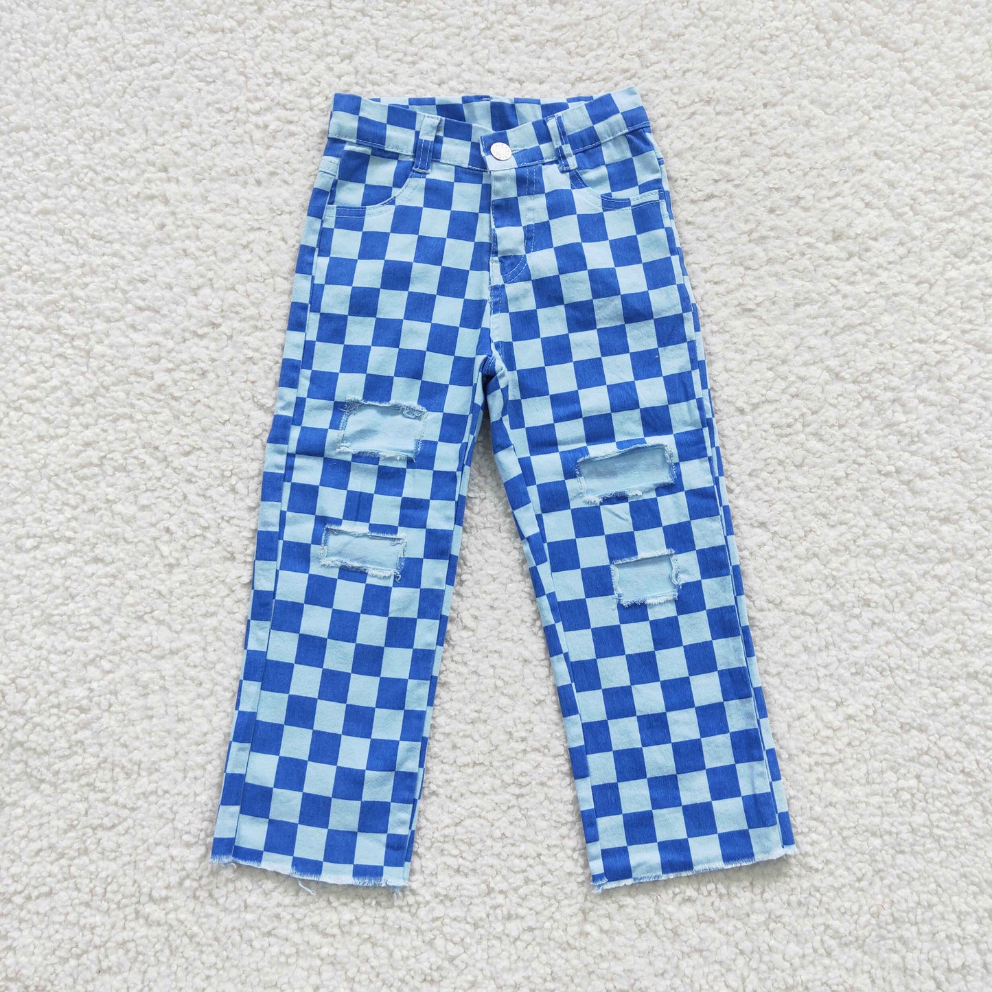 girls blue plaid denim jeans P0097