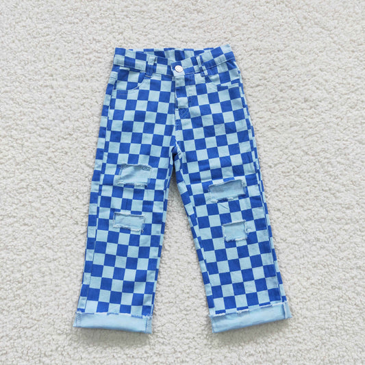 girls blue plaid denim jeans P0097
