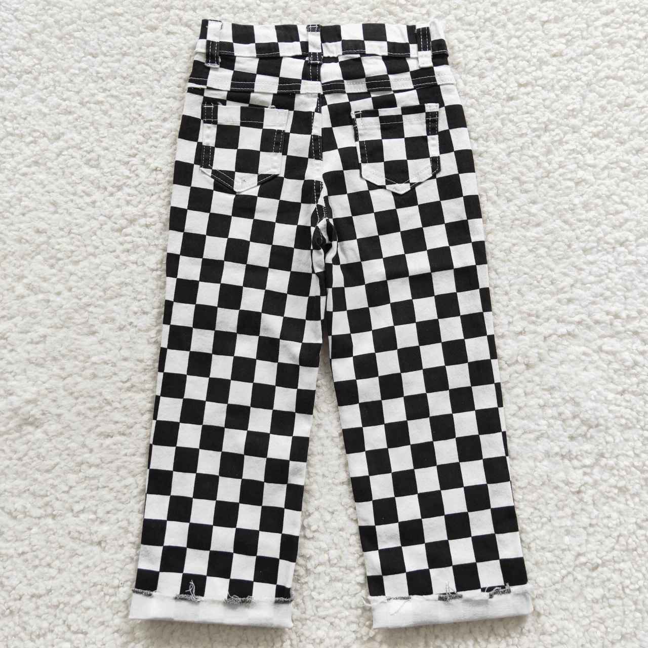 girls Black and white plaid denim jeans P0122