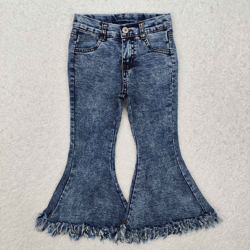 Light blue kids girl flare fringe denim jeans P0132
