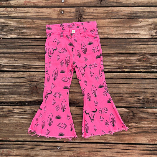 P0159 Baby Girls Cows Printed Rosy Pink Bell Bottom Jeans