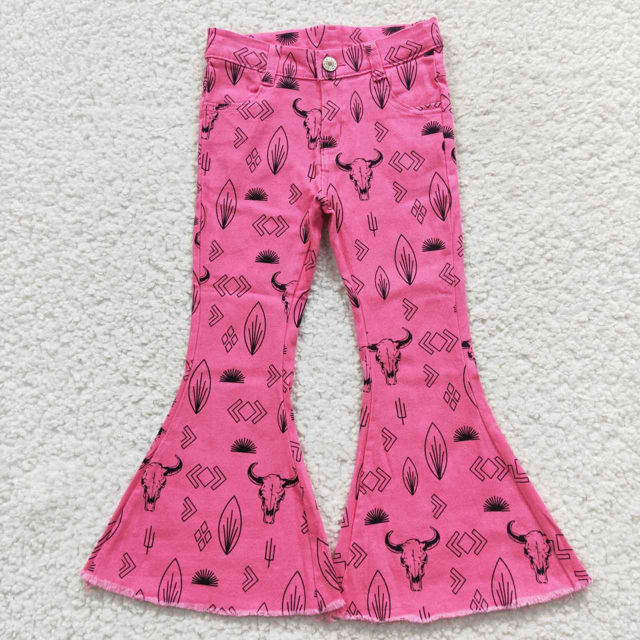 girls cow printed rosy pink bell bottom jeans