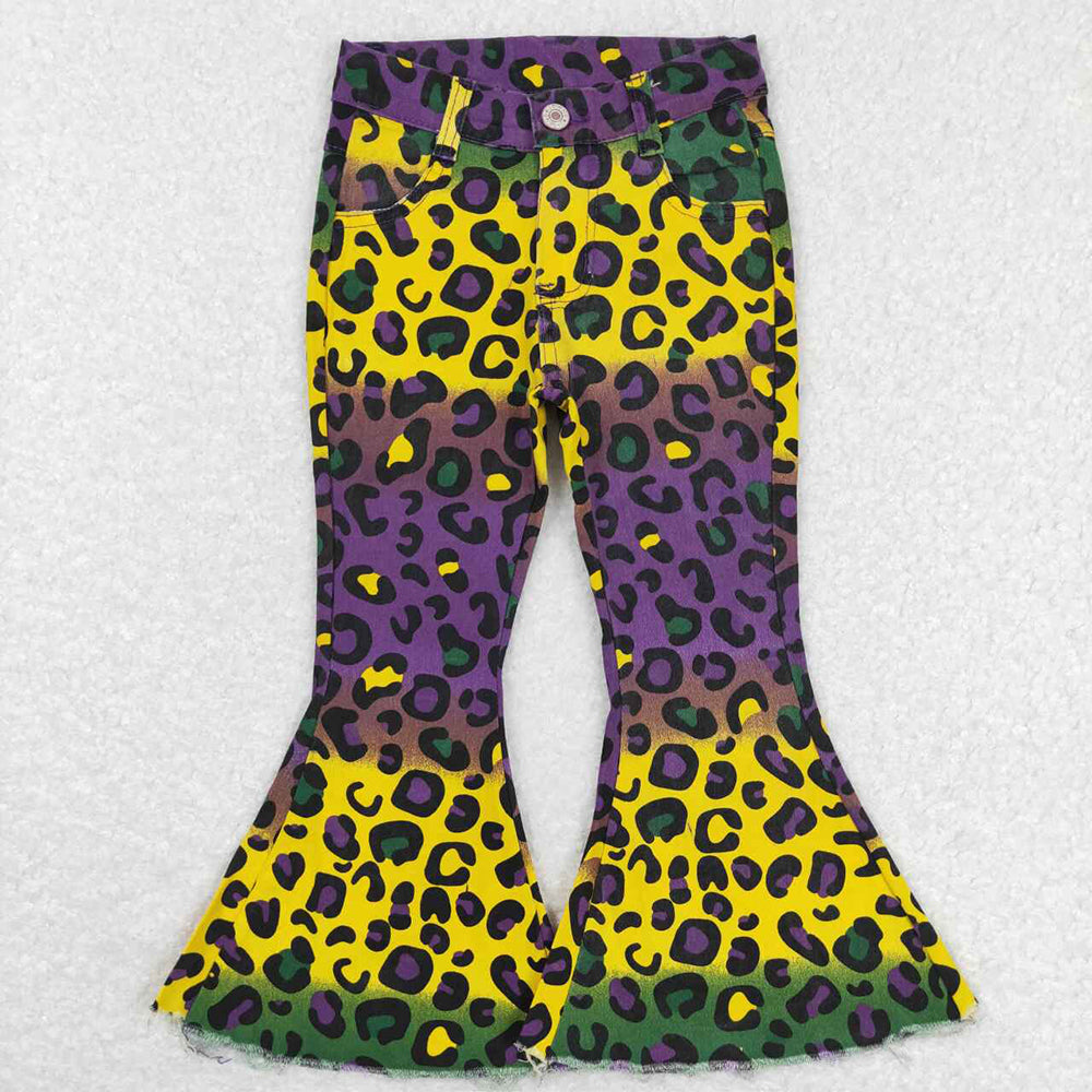 Sibling Baby Girls Mardigras Leopard Stripe Denim Bell Bottom Pants